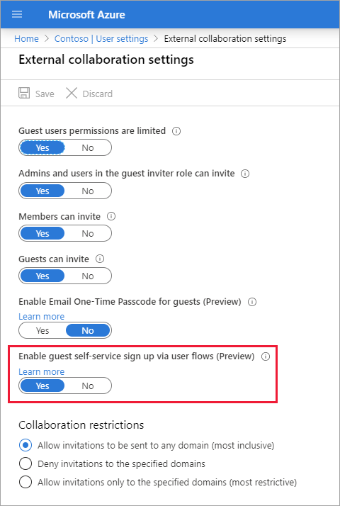 Screenshot of the enable guest self-service sign-up toggle.