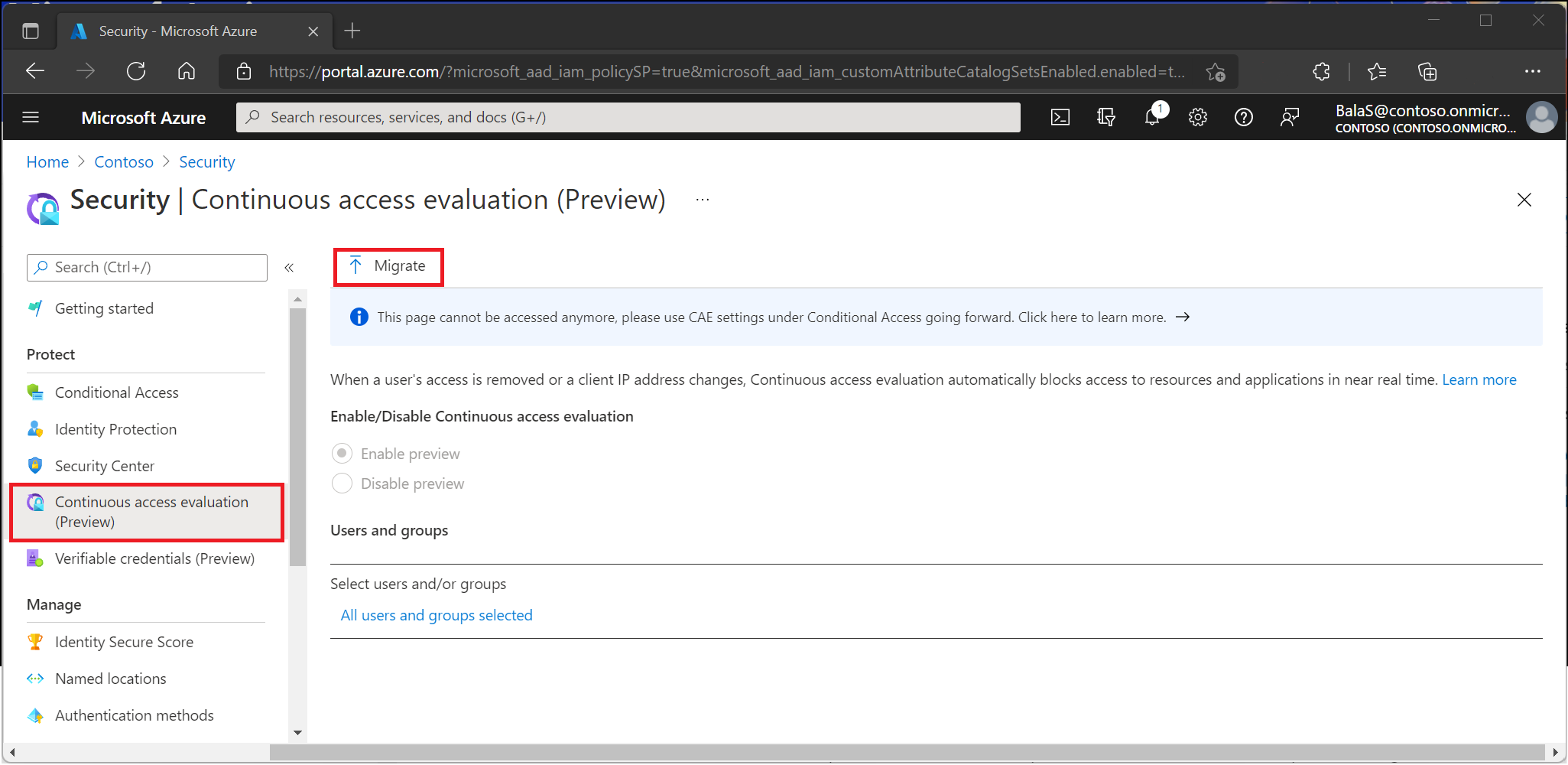 Portal view showing the option to migrate continuous access evaluation to a Conditional Access policy.
