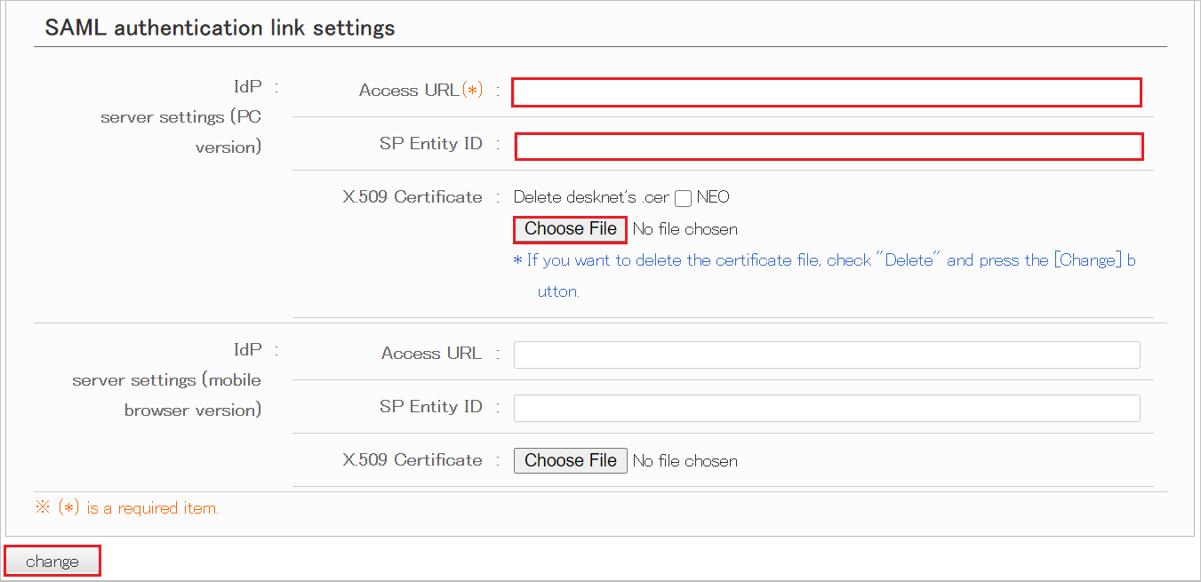 Screenshot for SAML authentication link settings section.