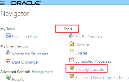 Screenshot of the Navigator page in the Oracle Fusion E R P admin console. Tools and Security console are highlighted.