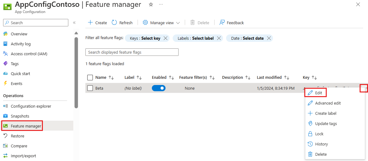 Screenshot of the Azure portal, selecting the Edit option for the **Beta** feature flag, under Feature manager.