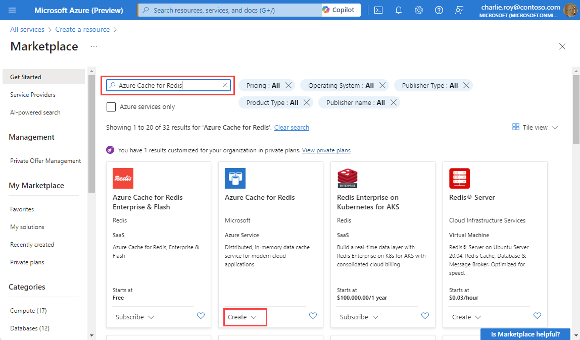 Screenshot of the Azure Marketplace with Azure Cache for Redis in the search box and create is highlighted with a red box.