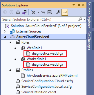Screenshot that shows the diagnostics file in the Azure Cloud Services solution explorer.