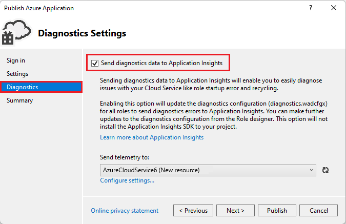 Screenshot that shows the checkbox for sending information to Application Insights.