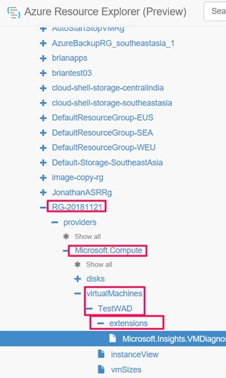 Screenshot that shows going to WAD config in Azure Resource Explorer.