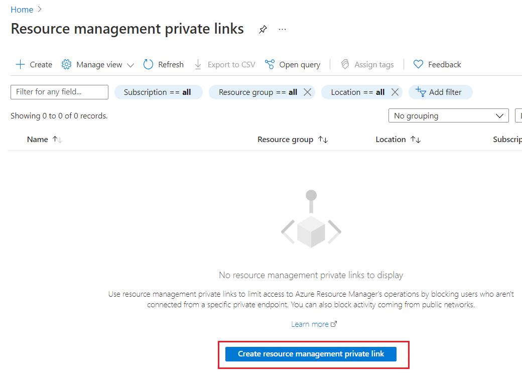 Select create for resource management private links
