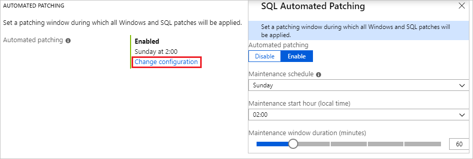 Screenshot from the Azure portal of SQL VM automated patching.