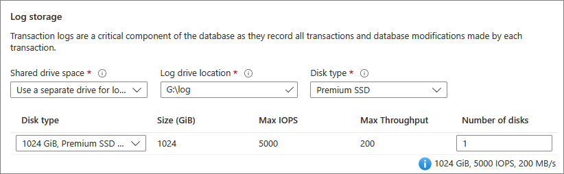 Screenshot that shows where you can configure the transaction log storage for your SQL VM.