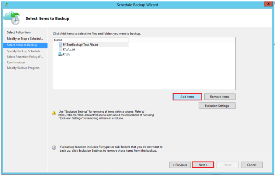 Screenshot shows how to modify or schedule backup add items.