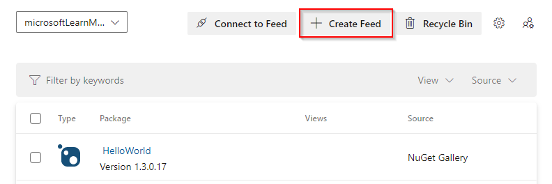 A screenshot showing the create feed button in Azure Artifacts.