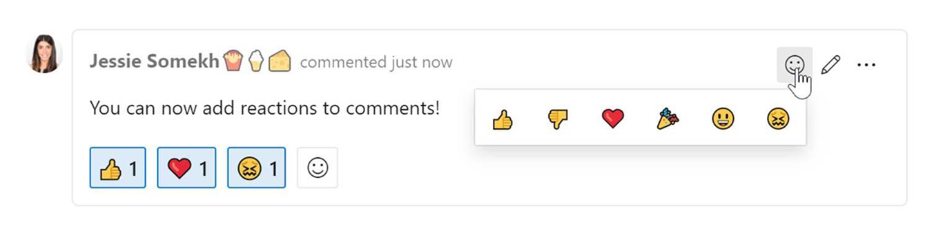 Screenshot showing that you can add reactions to comments two different ways.
