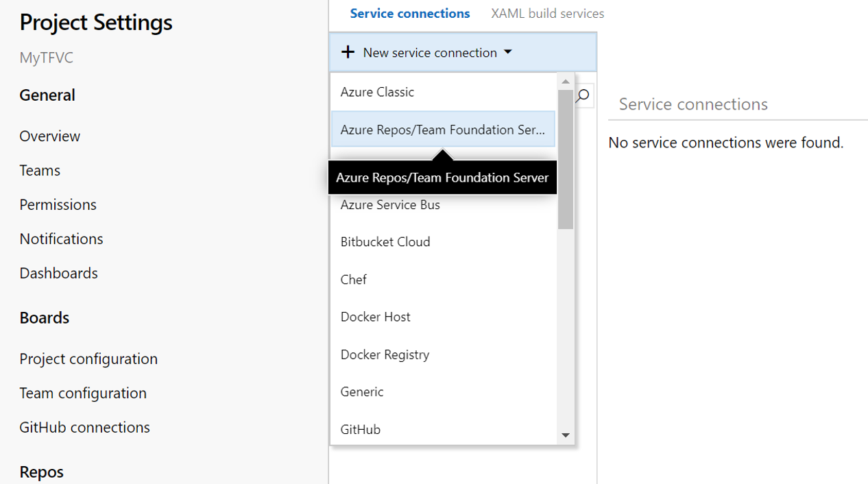 Screenshot of the Project Settings page with the Azure Repos/Team Foundation Server option highlighted.