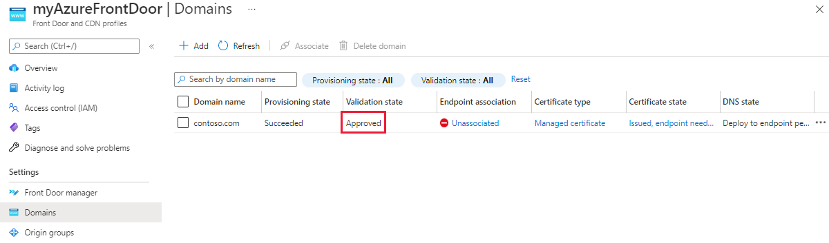 Screenshot that shows a new custom domain passing validation.