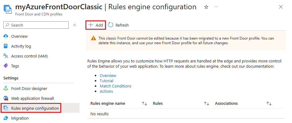 Screenshot of the rules engine configuration from the Front Door overview page.