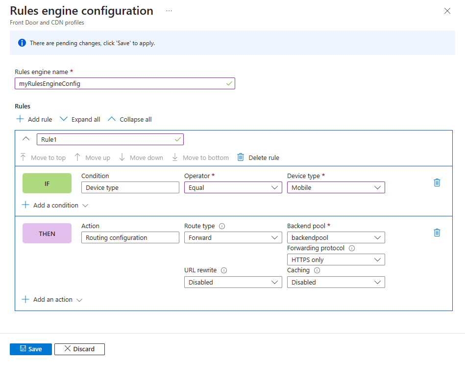Screenshot of the rules engine configuration page with a single rule.