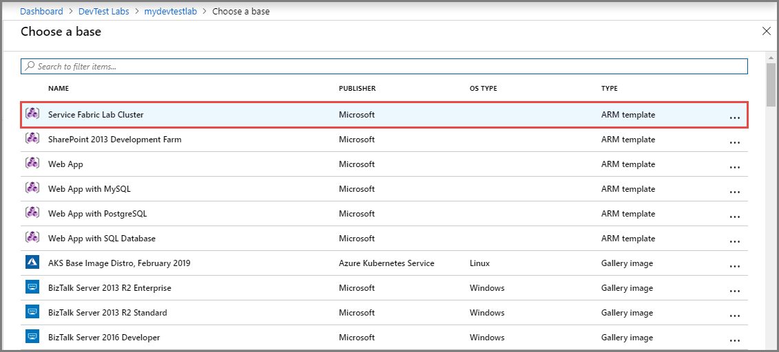 Screenshot that shows selecting Service Fabric Lab Cluster in the list.