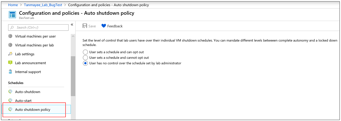 Screenshot showing Auto-shutdown policy options.
