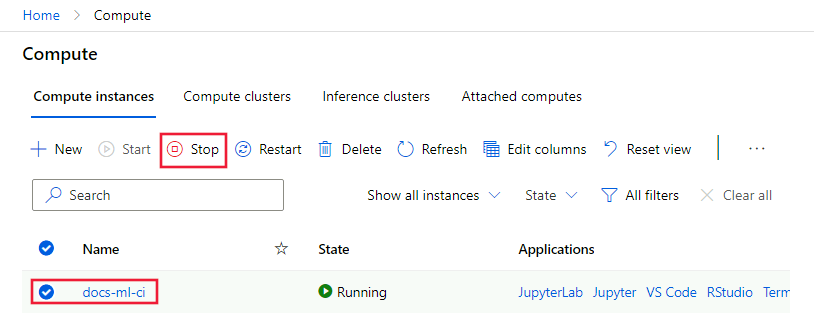 Screenshot of stop button for compute instance