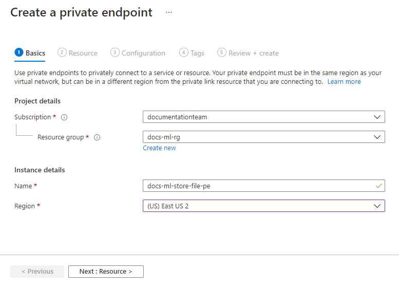 UI to add the file private endpoint