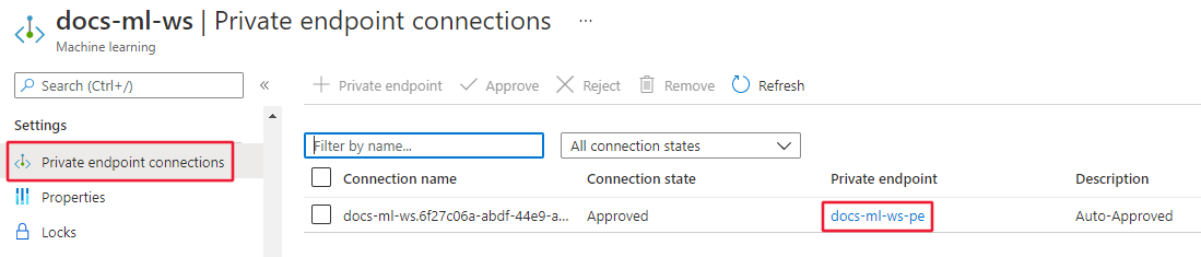 Screenshot of workspace private endpoint connections