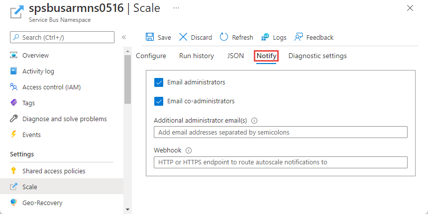 Screenshot showing the **Notify** tab of the **Scale** page.