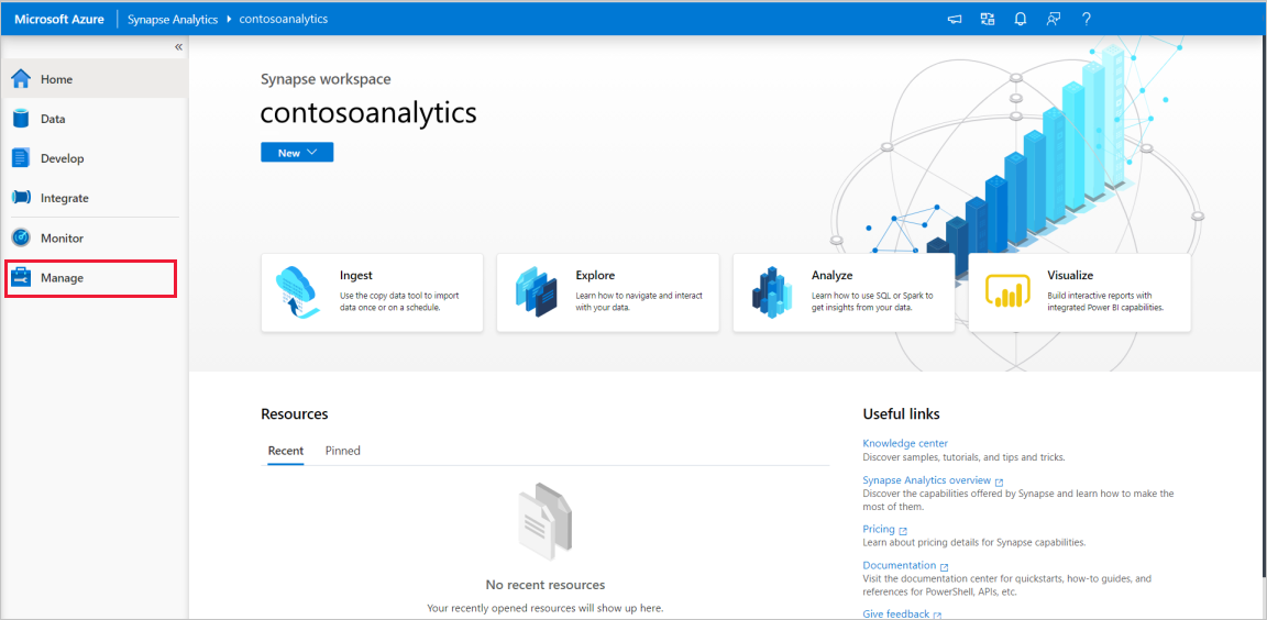 A screenshot of the Synapse Studio home page with Management Hub section highlighted.