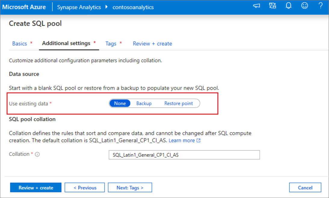 A screenshot of the SQL pool create flow - additional settings tab.