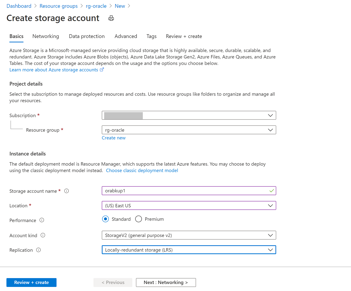 Screenshot that shows basic information for creating a storage account.