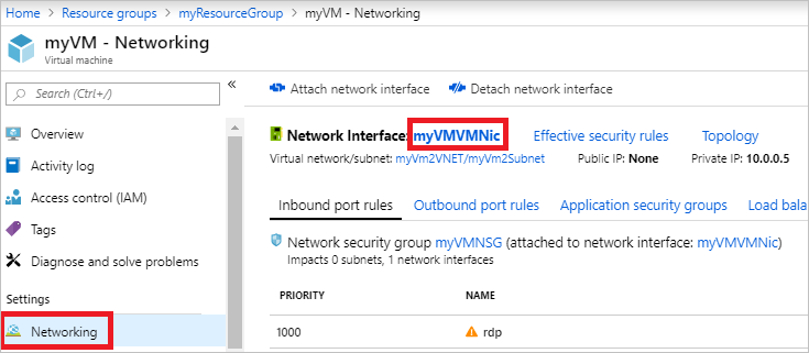 Screenshot showing how to select the network interface of a VM.