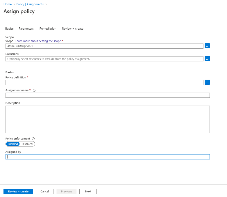 Screenshot of Basics tab on the Assign Policy page.