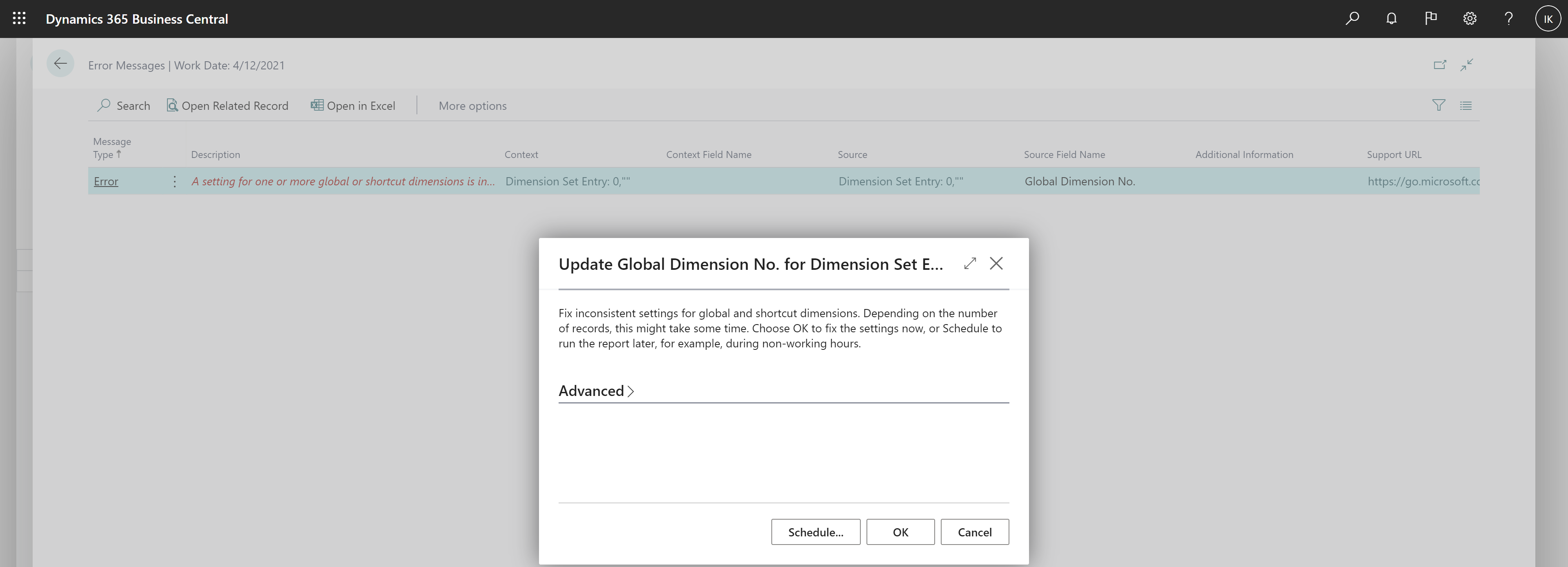 Viser den nye rapport Opdater globalt dimensionsnr. for dimensionsgruppeposter