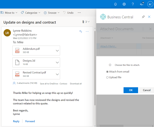 Et skærmstykke, der viser en mail i Outlook sammen med tilføjelsesfilerne til kopiering.