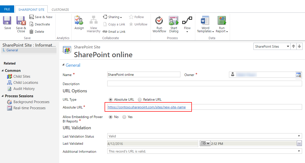 Angive relativ URL-adresse for SharePoint.
