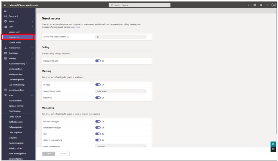 Screenshot of Microsoft Teams admin center showing Guest access settings.