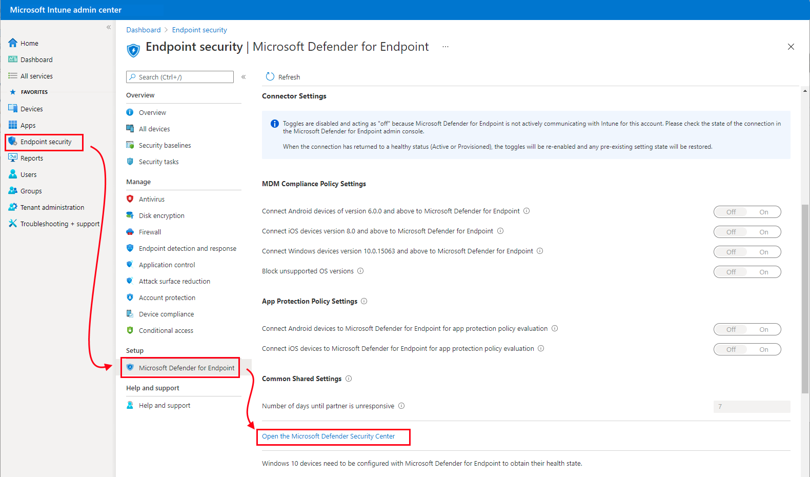 Screen shot that shows the patch to open the Microsoft Defender Security Center.
