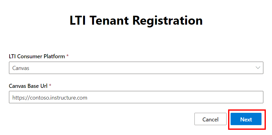 Administrationssiden for LTI-lejeren med et rullelistefelt til valg af LTI-forbrugerplatformen og et tekstfelt til URL-adressen.