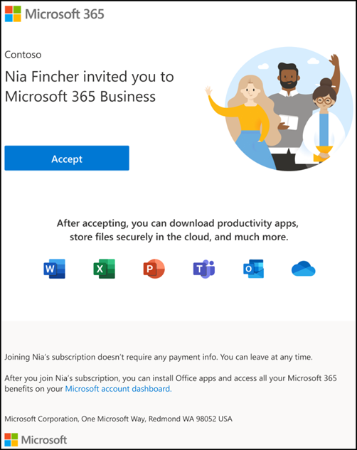 Skærmbillede: Acceptér invitation til at deltage i Microsoft 365 til virksomheder