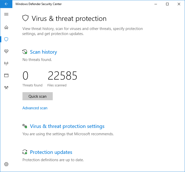 Appen Windows Sikkerhed, der viser Microsoft Defender AV-indstillinger, herunder scanningsindstillinger, indstillinger og opdateringsindstillinger