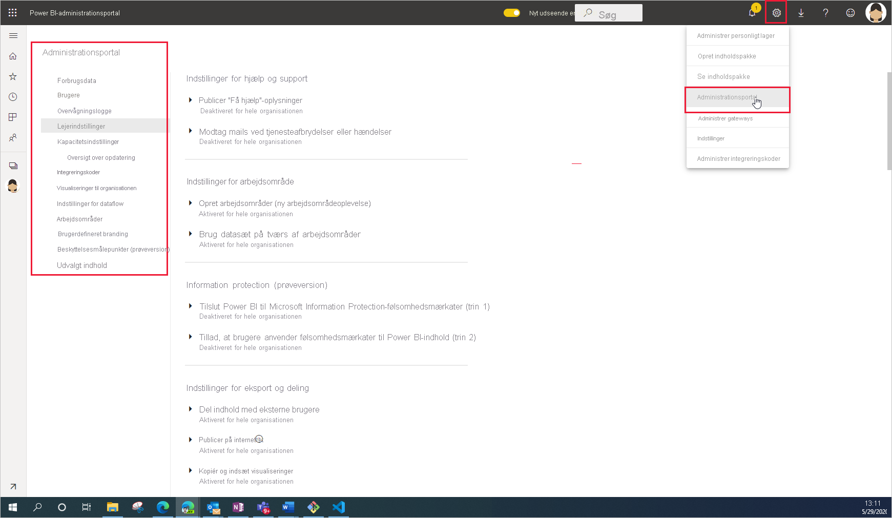 Screenshot of the Power B I admin portal, showing the organization-wide settings.