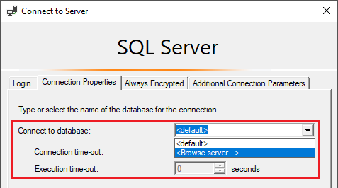 Skærmbillede, der viser dialogboksen OPRET forbindelse til server i SQL Server Profiler. Afsnittet Opret forbindelse til database er fremhævet.