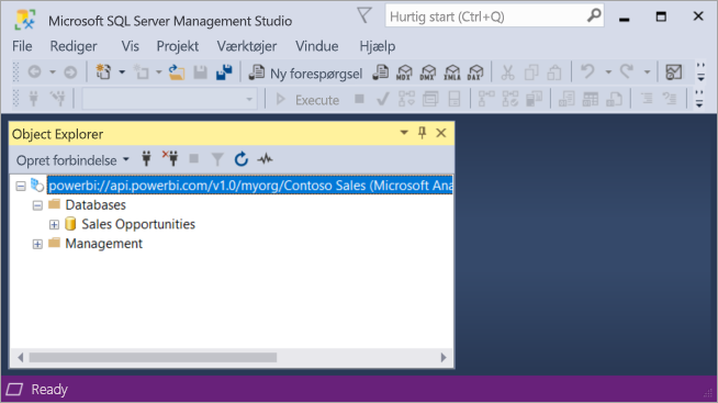Skærmbillede af vinduet Microsoft SQL Server Management Studio. Object Explorer findes i hovedruden.