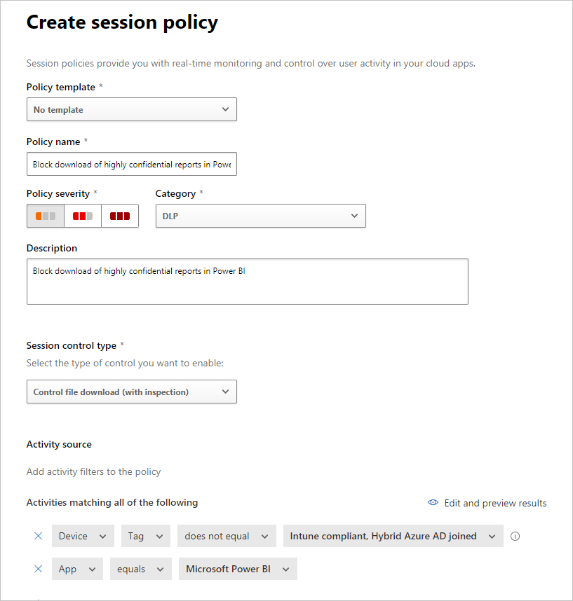 Skærmbillede af vinduet Defender for Cloud App Security, der viser konfigurationspanelet opret sessionspolitik.