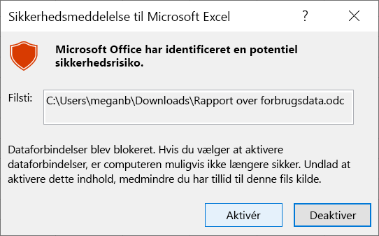 Screenshot of Excel security notice.