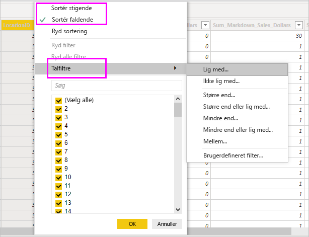 Screenshot shows sort and filter options in the Data view in Power BI Desktop.
