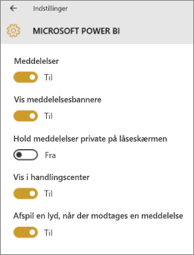 Screenshot shows a Windows device screen where you can allow and manage Power B I notifications.