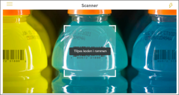 Skærmbillede af en produktstregkodescanning, der viser scanneren over stregkoden for en farvet drik.