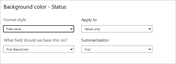 Dialog of background color for Status field: Format style dropdown is set to Field value.