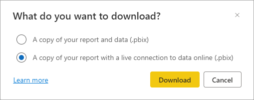 Et skærmbillede af dialogboksen, der giver mulighed for at downloade rapporten, herunder dataene eller rapporten med en direkte forbindelse til dataene.