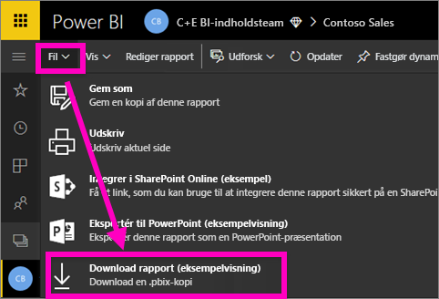 Et skærmbillede af menuen Filer i Power BI-tjeneste med indstillingen 'Download en PBIX-fil' fremhævet.