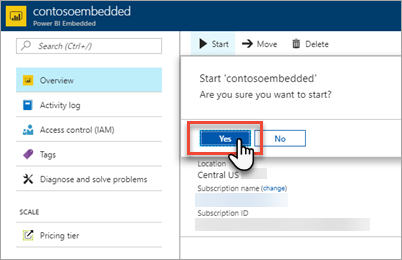 Screenshot of the Azure portal, which shows the highlighted Yes button in the start capacity dialog.